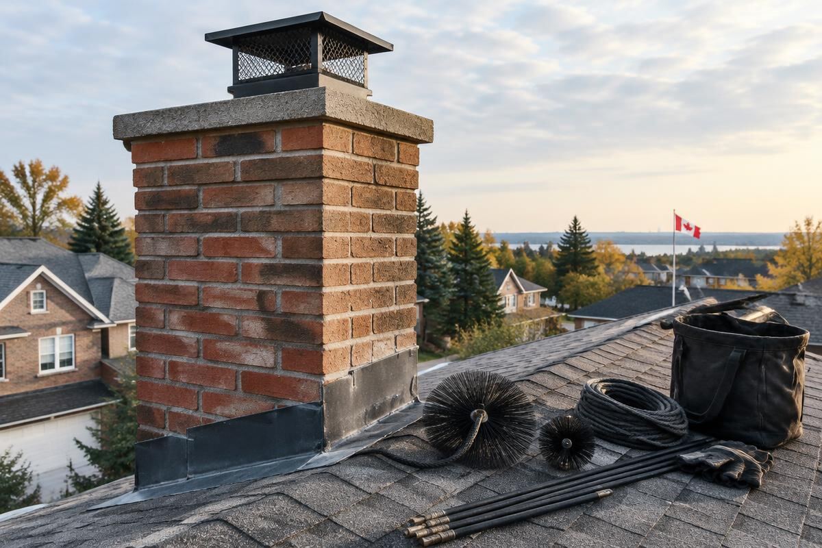 Brick chimney on a suburban roof with sweeping brushes and rods (stock image)