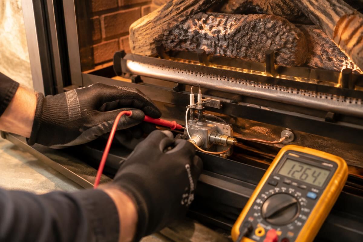 Technician testing a gas fireplace pilot assembly with a multimeter (stock image)
