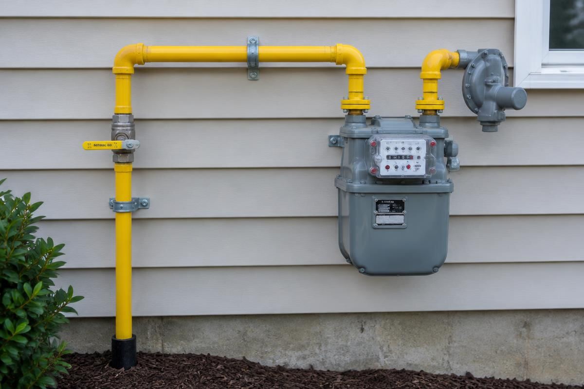 Yellow gas piping with shut-off valve beside a residential gas meter (stock image)