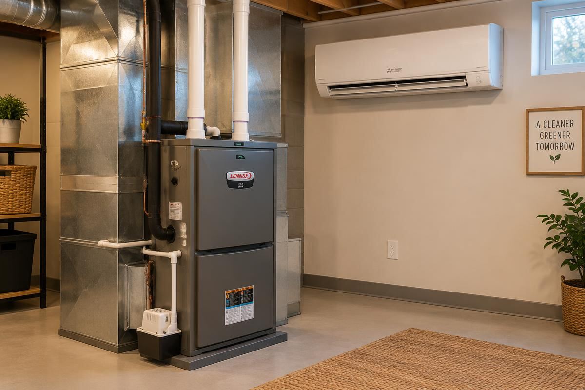 Gas furnace in a basement utility room next to a ductless wall unit (stock image)