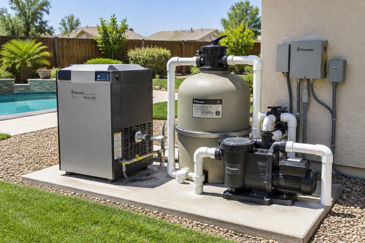 Backyard pool equipment pad with a gas pool heater, filter and pump (stock image)