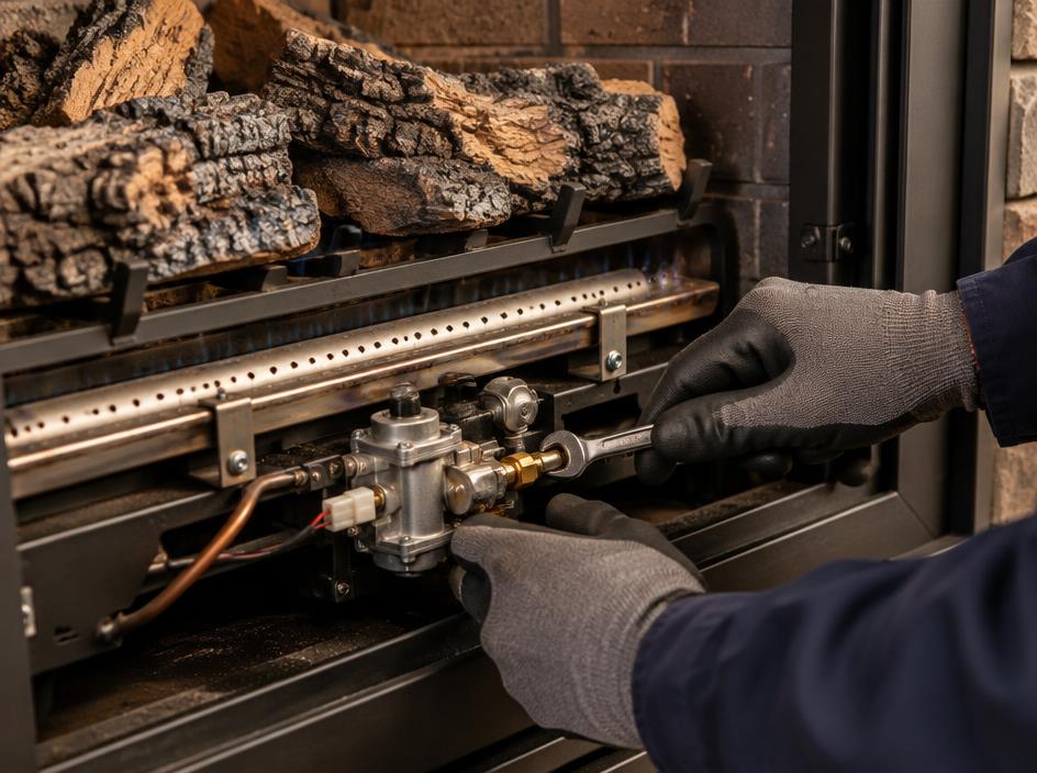 Gloved hands adjusting a gas fireplace valve (illustrative image)