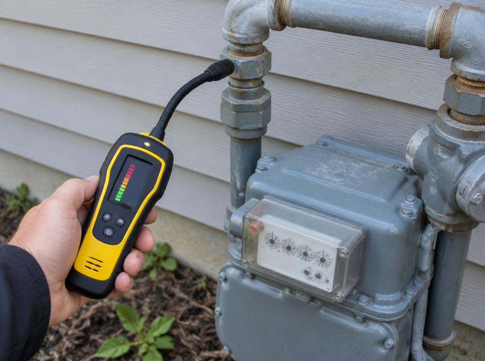 Gas leak detector held near a gas meter (illustrative image)