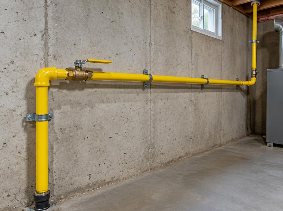 Yellow gas pipe with shutoff valve along a basement wall (illustrative image)