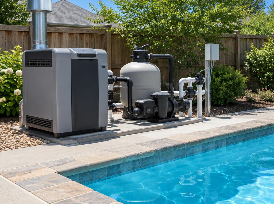 Gas pool heater next to a backyard pool (illustrative image)