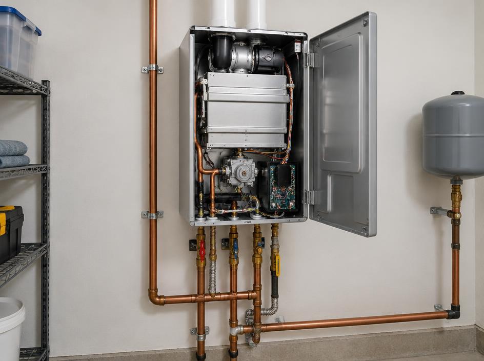 Open tankless water heater on a utility room wall (illustrative image)
